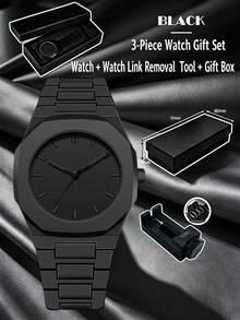 Black Minimalist Octagonal Dial Quartz Watch 3-Piece Gift Set - Includes Watch, Strap Removal Tool And Gift Box, Complete Casual Wristwatch Set, Suitable For Children, Students And Teenagers - Multicolor - View 13