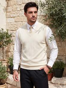 ALTZTAR Men's Casual Versatile Solid Color V-Neck Knit Vest - Beige - View 1