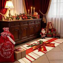 1pc Christmas Series Red & Gold Bow Holly Pattern Printed Faux Cashmere Surface TPR Bottom Door Mat, Bathroom Mat, Kitchen Mat, Laundry Room Mat, Holiday Atmosphere Decor, Home Decor, Party Decor, Wedding Decor, Dining & Kitchen Decor - Multicolor - View 2