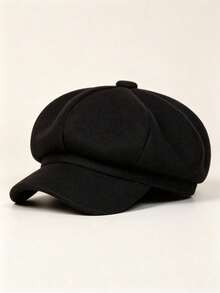 Women's Vintage Newsboy Cap, Solid Color Baker Boy Hat, Adjustable, Warm, Autumn/Winter Commuter Style - Black - View 6