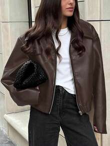 Women's Lapel Zipper Faux Leather Jacket, Brown Short Long Sleeve Coat, Vintage Y2K Style Autumn Daily Casual Outerwear - Brown - View 1