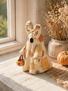 1pc Vintage Ghost Figurine With Floral Bow, Halloween Collage Ghost Sculpture, Halloween Decor Ornament, Exquisite Autumn Home Decor, Kitchen Decoration, Indoor Shelf And Fireplace Mantel Display Gift - A - View 4