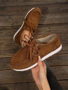Khaki Suede‑Effect Lace‑Up Casual Shoes, Fine Contrast Edge Stitching, Simple Thick‑Sole Women Moccasins For Outdoor Wear - Brown - View 2