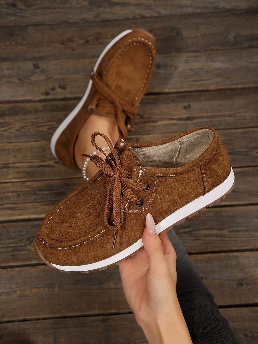 Khaki Suede‑Effect Lace‑Up Casual Shoes, Fine Contrast Edge Stitching, Simple Thick‑Sole Women Moccasins For Outdoor Wear