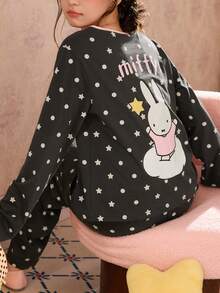Gongdie Bộ đồ ngủ nữ Miffy 2 món mùa thu màu xám, chất modal cotton mềm, đồ mặc nhà có viền hồng và túi - Màu xám đen - Xem 4