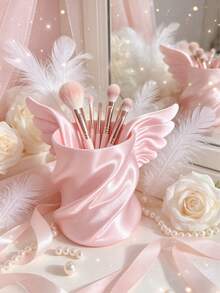 Makeup Brush Holder 1pc Large Capacity PLA Material, Fairy Style, Angel Wings Pattern, Spiral Twisted Design, Satin Cherry Blossom Pink, Vanity Tabletop Storage Box, Bedroom/Bathroom, Suitable For Girls/Best Friend Gift - Pink - View 3