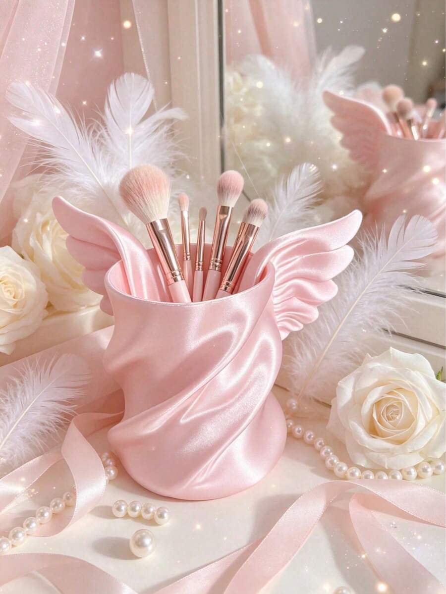 Makeup Brush Holder 1pc Large Capacity PLA Material, Fairy Style, Angel Wings Pattern, Spiral Twisted Design, Satin Cherry Blossom Pink, Vanity Tabletop Storage Box, Bedroom/Bathroom, Suitable For Girls/Best Friend Gift - Pink - View 1