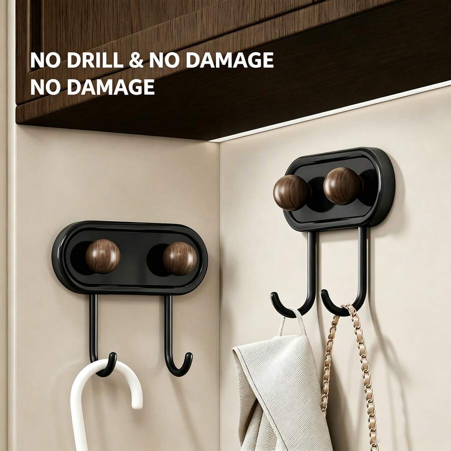 Self-Adhesive Wall Hook, Drill-Free Double J-Shaped Double Hook, Vintage Wooden Ball Multi-Function Storage Hook, Suitable For Bathroom, Kitchen, Entryway Wall Hook/Self-Adhesive Hook Self-Adhesive Hook Multi-Function Storage Hook - View 1