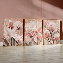 3Pcs Pink Protea Flower Canvas Wall Art, Soft Blush Australian Native Floral Prints, Neutral Boho Botanical Poster For Living Room, Bedroom, Kitchen, Home Decoration, Posters & Prints, Frameless - 391 - View 7