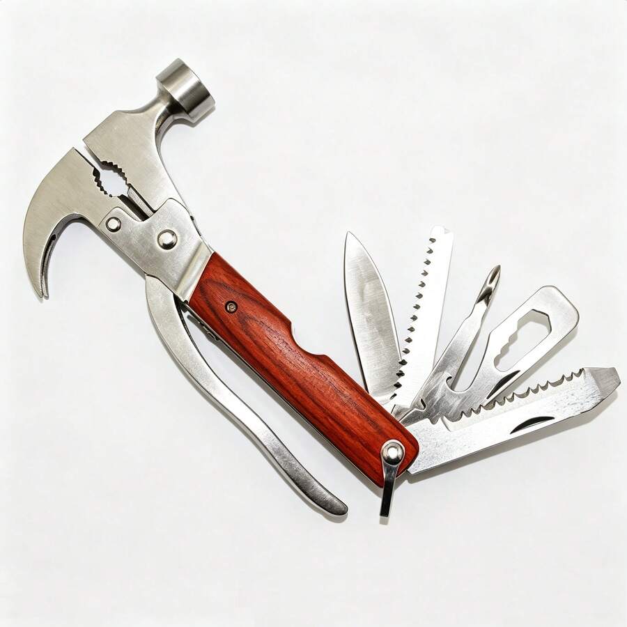 1 Pc Multi‑Function Folding Claw Hammer Multi‑Tool, Anti‑Rust Impact‑Resistant Safety Lock Portable Utility Pliers,Survival Tool For Camping Car Emergency Home Repair, Silver‑Red Wood Grain Integrated Hammer‑Plier Shape With Nail Puller & Gear Jaw