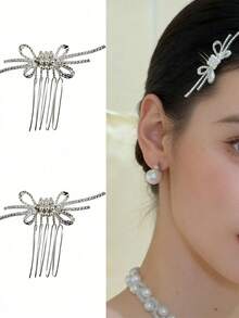 1pc/2pcs Rhinestone Bow Faux Pearl Hair Comb Hair Stick Luxury Fashion Hair Accessory Elegant Bridal Updo Hair Ornament - Multicolor - View 1