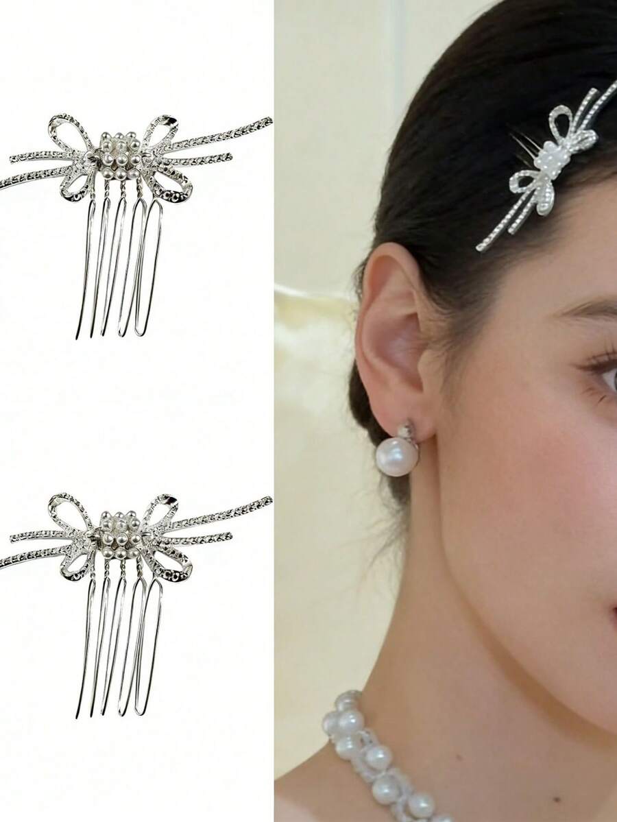 1pc/2pcs Rhinestone Bow Faux Pearl Hair Comb Hair Stick Luxury Fashion Hair Accessory Elegant Bridal Updo Hair Ornament - Multicolor - View 1