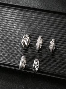Hipoem 5pcs Fashion Stainless Steel Men's Ring Set With Embossed Chain Star Moon Matte Honeycomb Elements Suitable For Daily Wear Halloween Atmosphere Accessories - Silver - View 4
