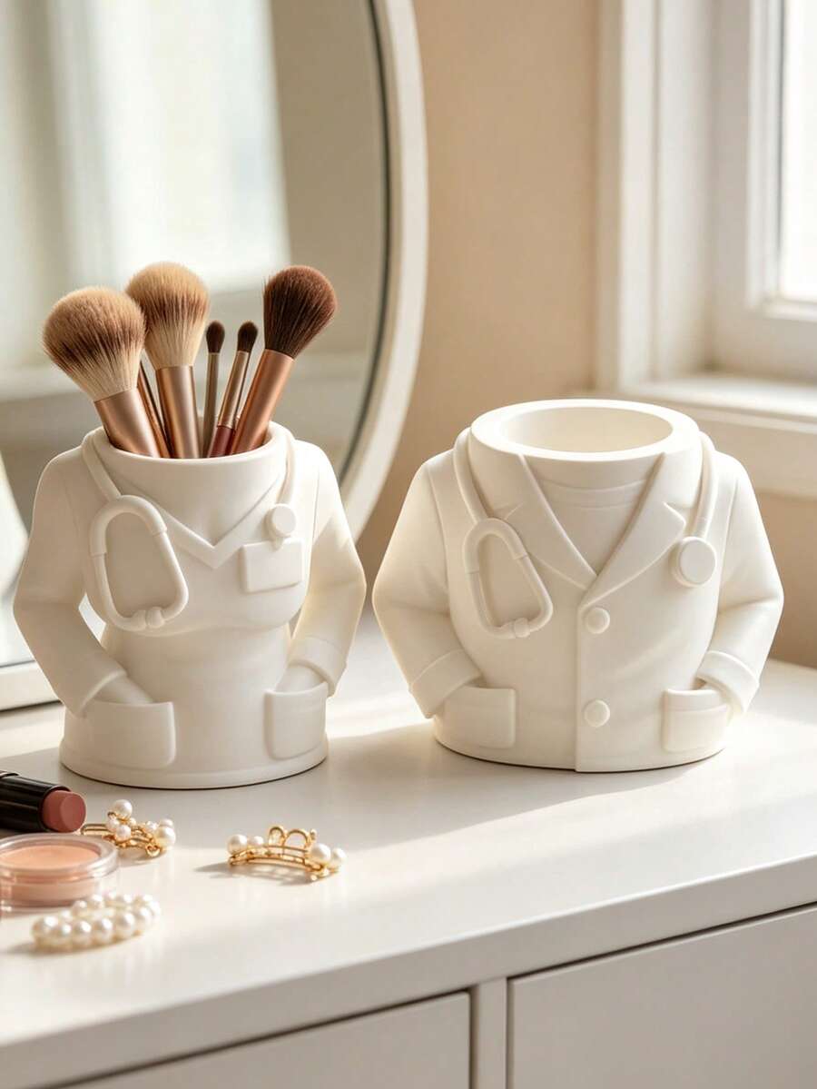 Doctor White Coat Style Makeup Brush Holder, Creative Nurse Uniform Pen Holder, Desktop Cosmetic Storage Box, Vanity Makeup Tool Organizer - Multicolor - View 1