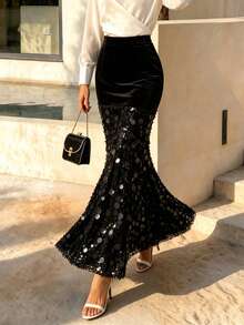 Black Sequin Patchwork Skirt, Elegant Casual Ceremonial Style, Autumn Skirt - Black - View 2