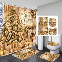 1pc/4pcs Gold Christmas Tree Pattern Multifunctional Bathroom Decor Shower Curtain Set Free 12 Hooks Premium Holiday Atmosphere Bathroom Mat U-Shaped Floor Mat And Round Toilet Lid Cover Suitable For All Scenes Decoration Bathroom Set - Gold Christmas Tree 3 - View 8