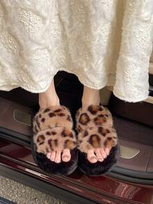 Women's Comfortable Open Toe Warm Indoor Slippers, Fashion Flat Fuzzy Slippers, Versatile Plus Size Slippers For Autumn/Winter/All Seasons - Khaki - View 2