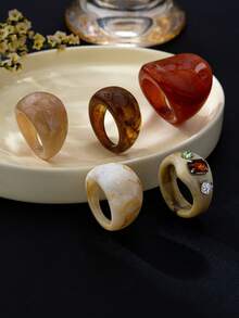 5pcs/Set Vintage Tie Dye Resin Wide Band Ring Set Amber Texture Niche Design Stackable Index Finger Rings Elegant - Multicolor - View 3