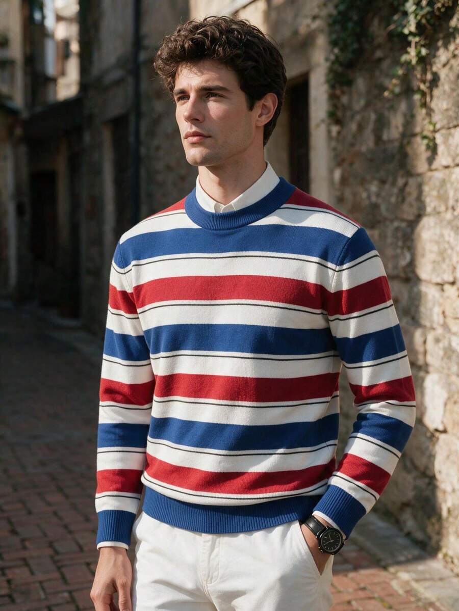 Men's Colorblock Wide Stripe Crew Neck Long Sleeve T-Shirt, Retro Collegiate Style Casual Top - Blue - View 1