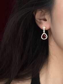 1 Pair Elegant Luxury Cubic Zirconia Teardrop Earrings Suitable For Women's Wedding Party Banquet - Golden Yellow + Red - View 4