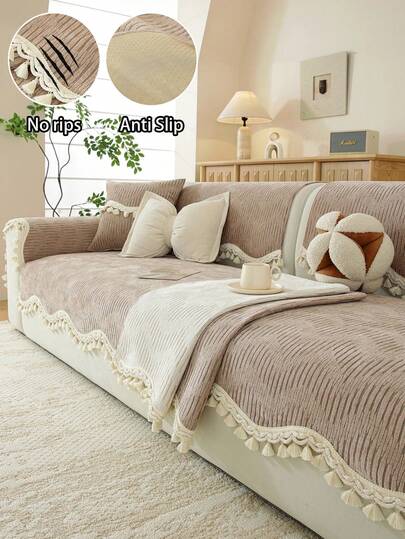 1pc Chenille Vertical Textured Sofa Cushion, Modern Luxury Sofa Cover, All-Season Use, Tassel Trim Sofa Throw, Non-Slip Bottom Machine Washable, Pet-Friendly Anti-Scratch, Wear-Resistant Dust-Proof Sofa Seat Pad, 1-4 Person L-Shaped Chaise Sofa Cover, Minimalist Cream Style Home Living Room Bedroom Outdoor Sofa Protector Universal Sofa Cloth, Sofa Cover