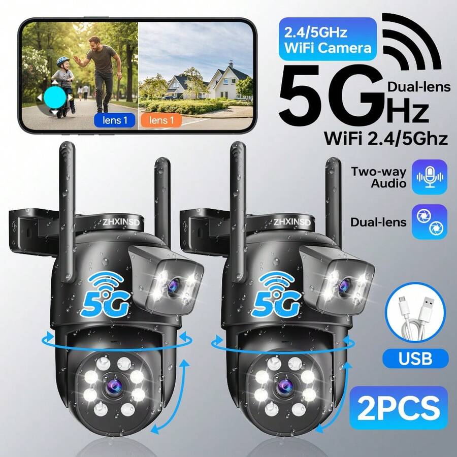 ZHXINSD 2入智能無線監控攝影機,2.4G/5G WiFi 雙鏡頭 4MP 居家戶外監控攝影機,自動追蹤、雙向語音、彩色夜視、IP65、人體追蹤與偵測 - 黑色 2 件裝 - 查看 1