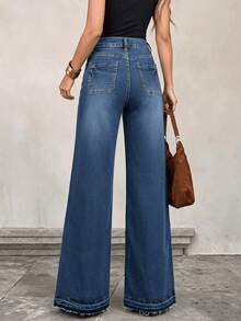 Women's Wide Leg Denim Jeans, Fashionable Rhombus Pattern With Large Front And Back Pockets, Versatile Pants - Dark Wash - View 2