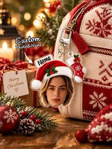 1pc Custom Photo Christmas Keyring,Personalised Name Face Keychain, Festive Santa Hat Bag Charm, Xmas Stocking Filler Gift,Gift For Him/Her,Christmas - Multicolor - View 2