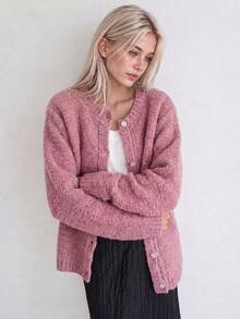 Women's New Autumn/Winter Pink Knitted Cardigan Jacket, Warm Round Neck Long Sleeve Button-Up Short Sweater - Pink - View 1