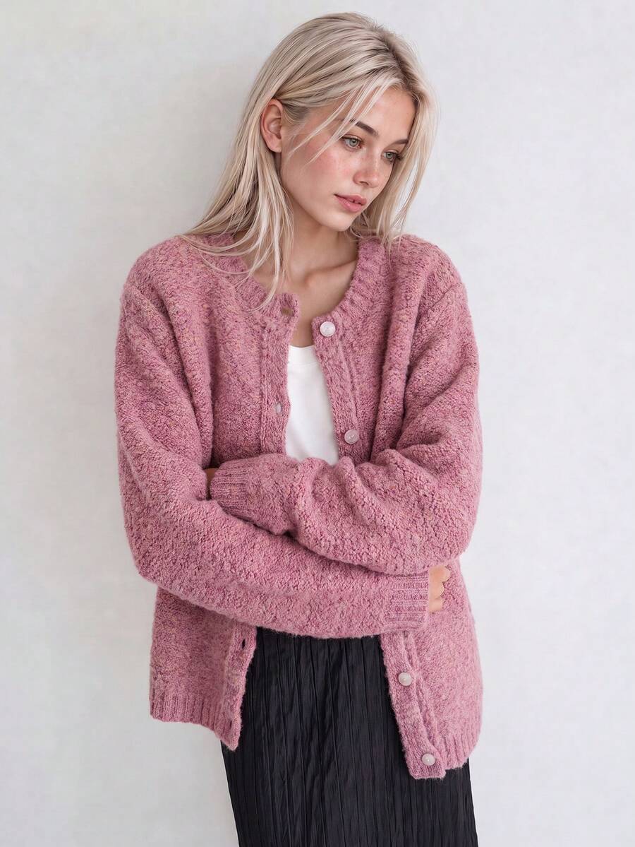 Women's New Autumn/Winter Pink Knitted Cardigan Jacket, Warm Round Neck Long Sleeve Button-Up Short Sweater - Pink - View 1