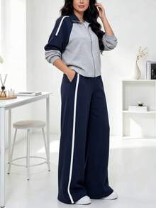 Women's Fashion 2 Pieces Sportswear Set, Includes Full Zip Jacket And Wide Leg Pants, Suitable For Casual Wear - Gray + Navy - View 1