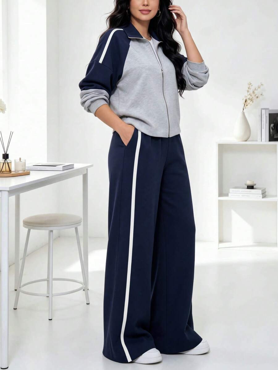 Women's Fashion 2 Pieces Sportswear Set, Includes Full Zip Jacket And Wide Leg Pants, Suitable For Casual Wear - Gray + Navy - View 1