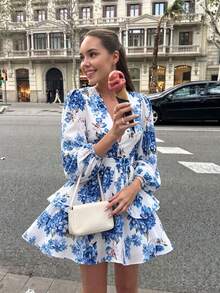 Vuslat Autumn Fashion Oil Painting Floral Print V-Neck Double Layer Flared Short Dress, Elegant Party, Wedding Guest, Birthday, Date - Multicolor - View 7