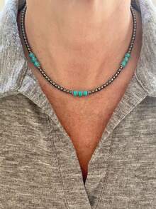 1pc Vintage Bohemian Style Geometric Faux Turquoise Multi-Color Beaded Necklace, Suitable For Men's Daily, Holiday, Party, Vacation Wear - Multicolor - View 1