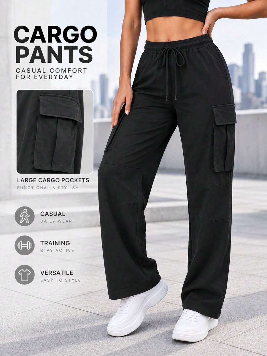 Women's Black Drawstring Waist Wide Leg Cargo Pants With Large Flap Pockets Casual Relaxed Fit Trousers For Daily Wear - Black - View 1