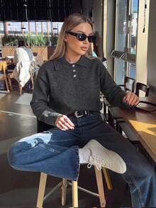 Women's Autumn/Winter New Polo Collar Solid Color Knit Sweater, Suitable For Office Commute, Business Professional, Casual Daily Wear - Grey - View 10