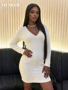 DVSLOE Women's V-Neck Cable Knit Sweater Dress, Long Sleeve Ribbed Slim Fit Bodycon Mini Dress, Fitted Party Knitwear - White - View 6