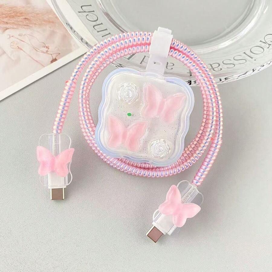 Drip Glue Butterfly Flower Quicksand Charger Cover Kit, Clear Charger & Cable Protector For 40W Adapter - 40W Pink Butterfly Flower - View 1