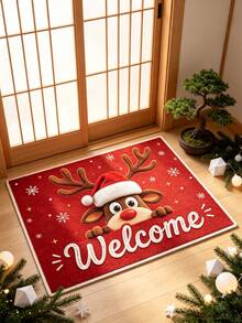 1PC Christmas Entry Door Mat, Red Background Cartoon Style Snowflake Starlight Cute Peeking Red Nose Reindeer Welcome Print Carpet, Seasonal Decorative Mat, With Holiday Design, Christmas Decoration, Perfect Christmas Gift, Perfect Match For Christmas And New Year Celebration, Door Mat, Small Rug, Welcome Mat, Carpet, Floor Mat, Outdoor Door Mat, Kitchen Rug, Home Decor, Front Door Mat, Area Rug - Multicolor - View 2