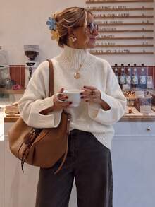 Women's High Neck Drop Shoulder Knit Sweater, Loose Fit Solid Color Basic Casual Pullover Top, Suitable For Weekend Gatherings And Daily Occasions - White - View 6