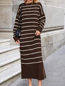 Sweater Dress; Women Striped Pattern Drop Shoulder Polo Neck, 26 Fall/ Winter New - Brown - View 5