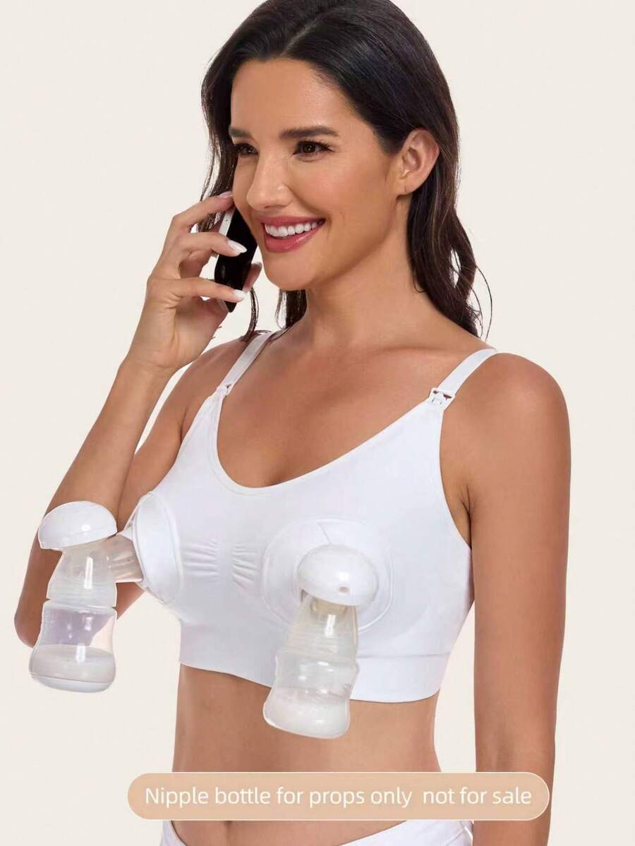 白色免手持吸乳胸罩 哺乳內衣 孕婦哺乳胸罩 前開扣式哺乳內衣（奶瓶為道具，不包含在內）