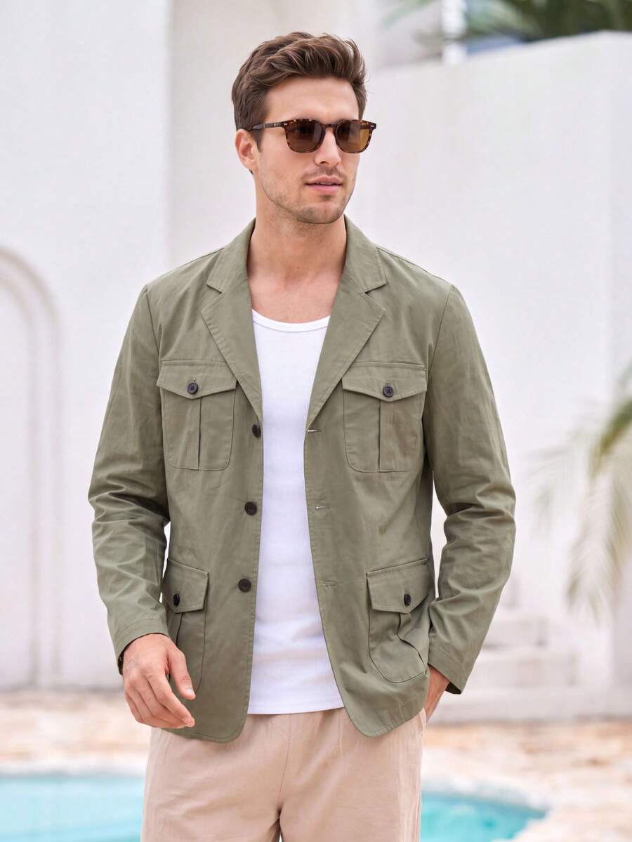 Mercer Haus Spring/Autumn Men's Hunting Jacket, Suit Collar, 4 Pockets, Loose Fit, Versatile Casual Shacket - Army Green - View 1