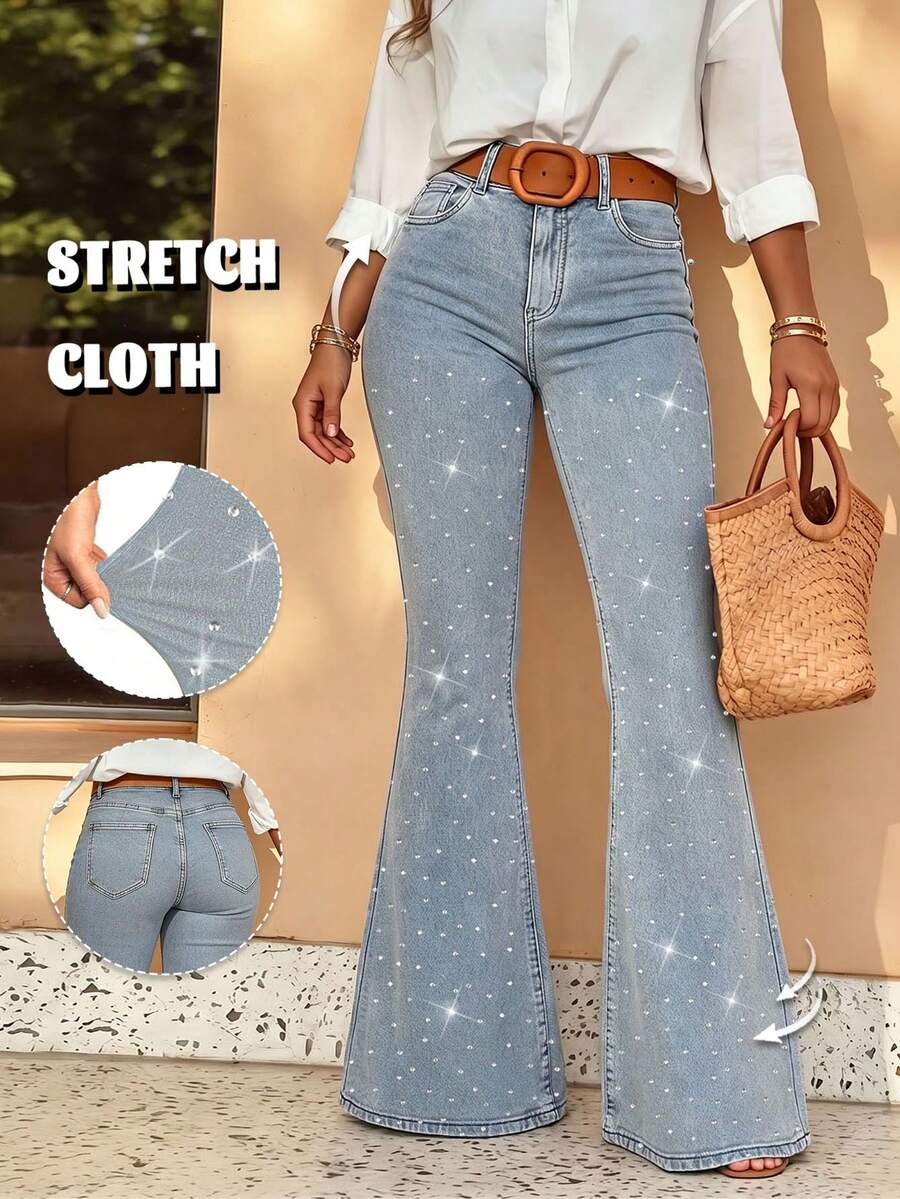 Women's High-Waist Flare Jeans, Decorated With Rhinestones, Medium Stretch Woven Fabric, Long Pants Design, With Zipper And Pockets, Perfect Choice For Autumn - Light Wash - View 1