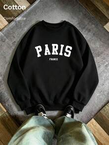 Men's Cotton Long Sleeve Crewneck Sweatshirt With Paris France Letter Print Casual Loose Pullover For Fall - Black - View 2