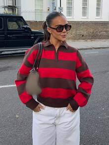 Women's Green Striped Polo Collar V-Neck Pullover Sweater Casual Preppy Knit Top - Red and Brown - View 6