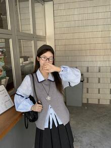 Casual Textured Contrast Design Blue Shirt Women Vintage Lantern Sleeve Turn Collar Blouse Autumn - Light Wash - View 5