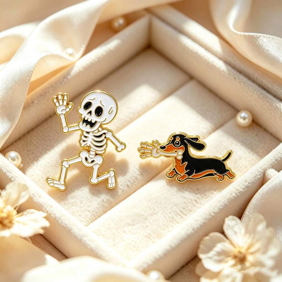 Skeleton & Dachshund Enamel Pins Set, Funny Running Skull And Sausage Dog Brooches For Backpack Jacket, Halloween Gothic Gift For Couples And Friends