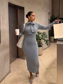 Women's Autumn Set: Gray Long Sleeve Slim Fit Knit Dress, Tie Neck, Fashionable And Elegant, Suitable For Parties And Outings - Grey - View 3