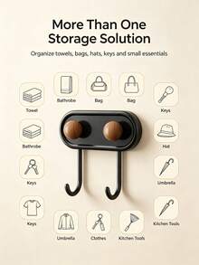 Self-Adhesive Wall Hook, Drill-Free Double J-Shaped Double Hook, Vintage Wooden Ball Multi-Function Storage Hook, Suitable For Bathroom, Kitchen, Entryway Wall Hook/Self-Adhesive Hook Self-Adhesive Hook Multi-Function Storage Hook - View 8